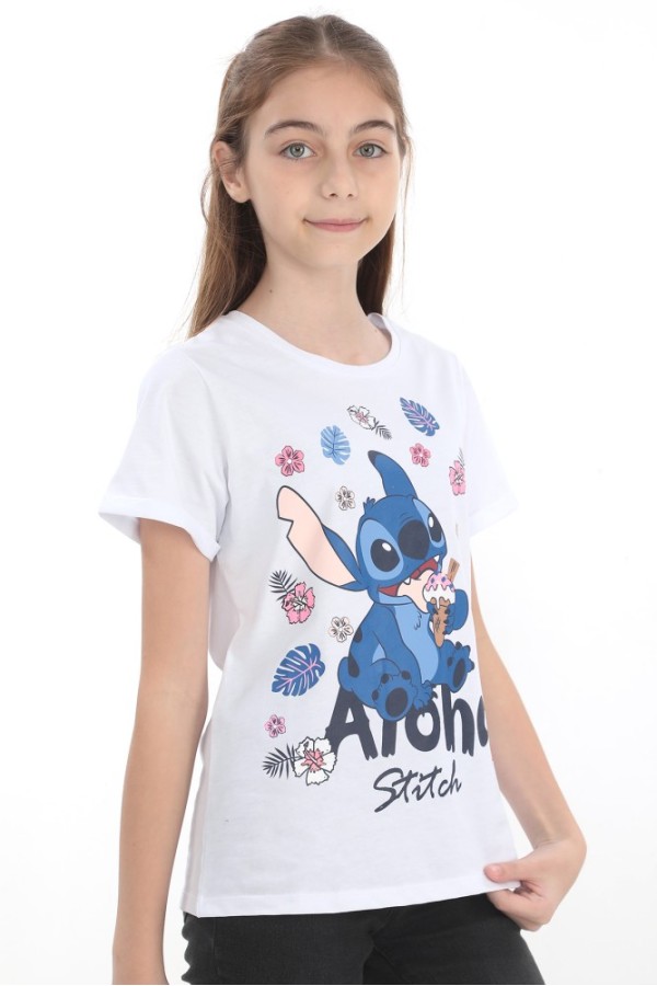Giyimod ORİJİNAL DISNEY STITCH ALOHA SİMLİ BASKILI PAMUK ÇOCUK T​SHIRT- 55127-BEYAZ