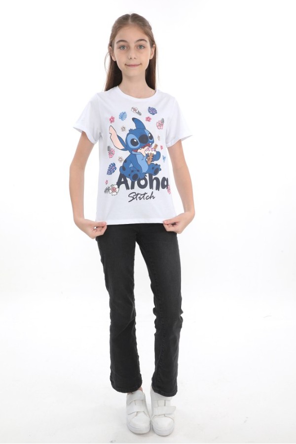 Giyimod ORİJİNAL DISNEY STITCH ALOHA SİMLİ BASKILI PAMUK ÇOCUK T​SHIRT- 55127-BEYAZ