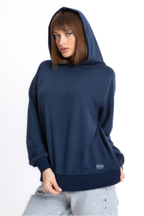 Giyimod Kadın LACİVERT Kapüşonlu 3 iplik Şardonsuz Polarsız Reglan Kol Sweatshirt S-104