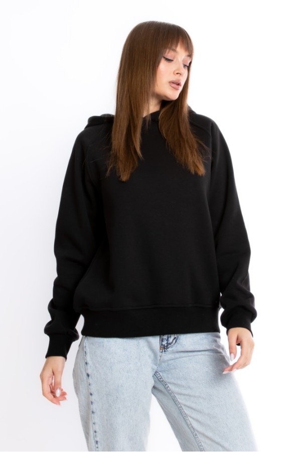 Giyimod Kadın SİYAH Kapüşonlu 3 iplik Şardonsuz Polarsız Reglan Kol Sweatshirt S-104