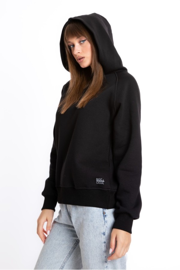 Giyimod Kadın SİYAH Kapüşonlu 3 iplik Şardonsuz Polarsız Reglan Kol Sweatshirt S-104