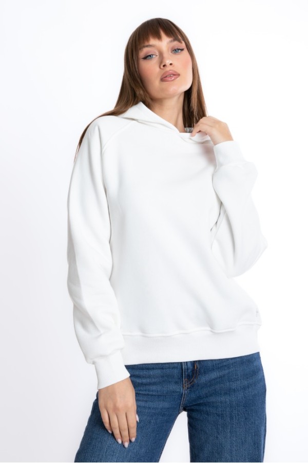 Giyimod Kadın EKRU Kapüşonlu 3 iplik Şardonsuz Polarsız Reglan Kol Sweatshirt S-104