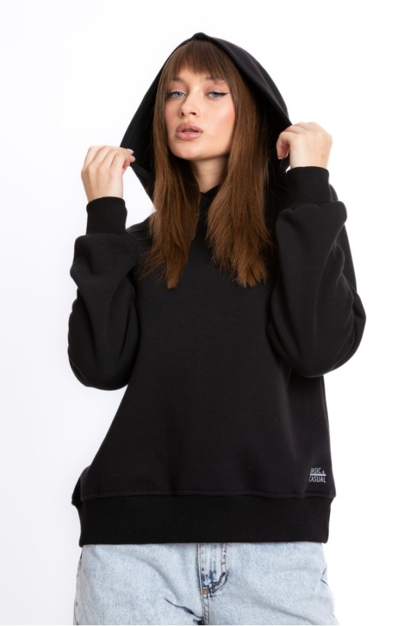 Giyimod Kadın Siyah Kapüşonlu 3 iplik Şardonlu Polarlı Reglan Kol SweatshirtS-103