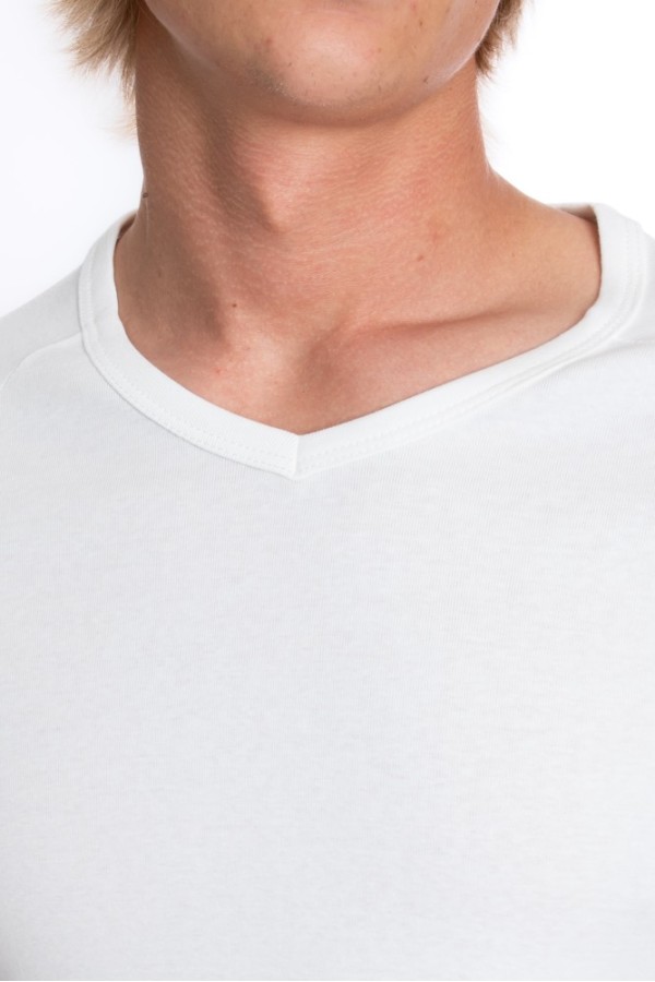 Giyimod Erkek SLIM FIT EKRU %100 Pamuk V Yaka Ribana Reglan Kol Tişört S-202