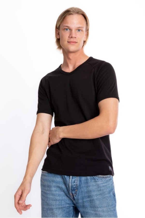 Giyimod Erkek SLIM FIT SİYAH %100 Pamuk V Yaka Ribana Reglan Kol Tişört  S-202