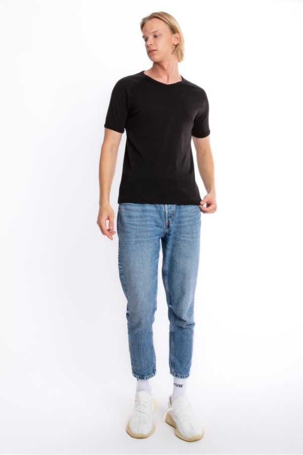 Giyimod Erkek SLIM FIT SİYAH %100 Pamuk V Yaka Ribana Reglan Kol Tişört  S-202