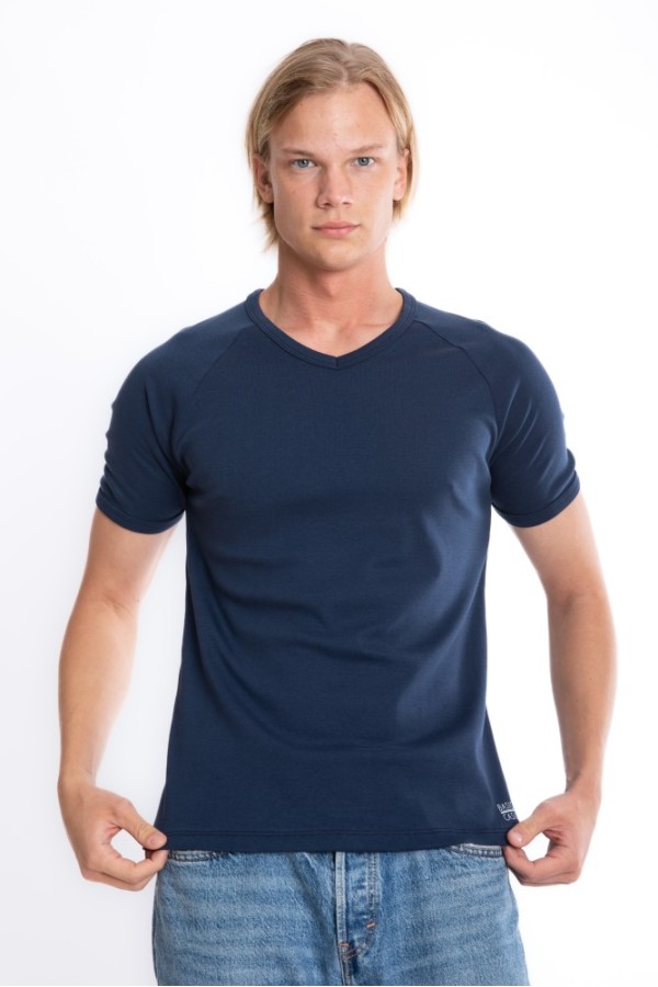 Giyimod Erkek SLIM FIT LACİVERT %100 Pamuk V Yaka Ribana Reglan Kol Tişört  S-202