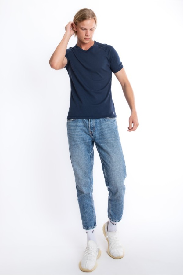 Giyimod Erkek SLIM FIT LACİVERT %100 Pamuk V Yaka Ribana Reglan Kol Tişört  S-202