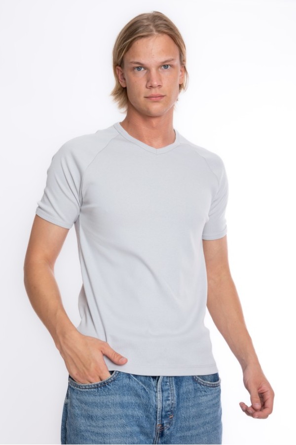 Giyimod Erkek SLIM FIT GRİ %100 Pamuk V Yaka Ribana Reglan Kol  Tişört S-202