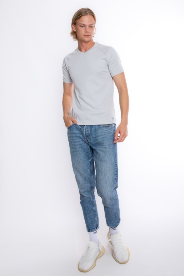 Giyimod Erkek SLIM FIT GRİ %100 Pamuk V Yaka Ribana Reglan Kol  Tişört S-202