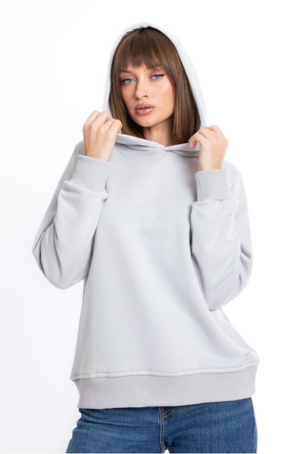 Giyimod Kadın Gri Kapüşonlu 3 iplik Şardonlu Polarlı Reglan Kol Sweatshirt S-103