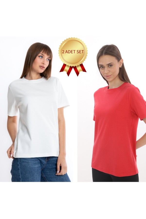Giyimod KADIN BİSİKLET  YAKA BASIC İNTERLOK KISA KOL TİŞÖRT BEYAZ-KIRMIZI 2'Lİ SET S-101MIX2