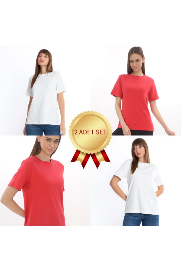 Giyimod KADIN BİSİKLET  YAKA BASIC İNTERLOK KISA KOL TİŞÖRT BEYAZ-KIRMIZI 2'Lİ SET S-101MIX2