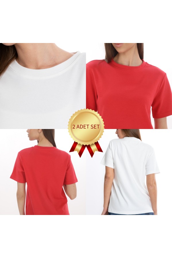 Giyimod KADIN BİSİKLET  YAKA BASIC İNTERLOK KISA KOL TİŞÖRT BEYAZ-KIRMIZI 2'Lİ SET S-101MIX2