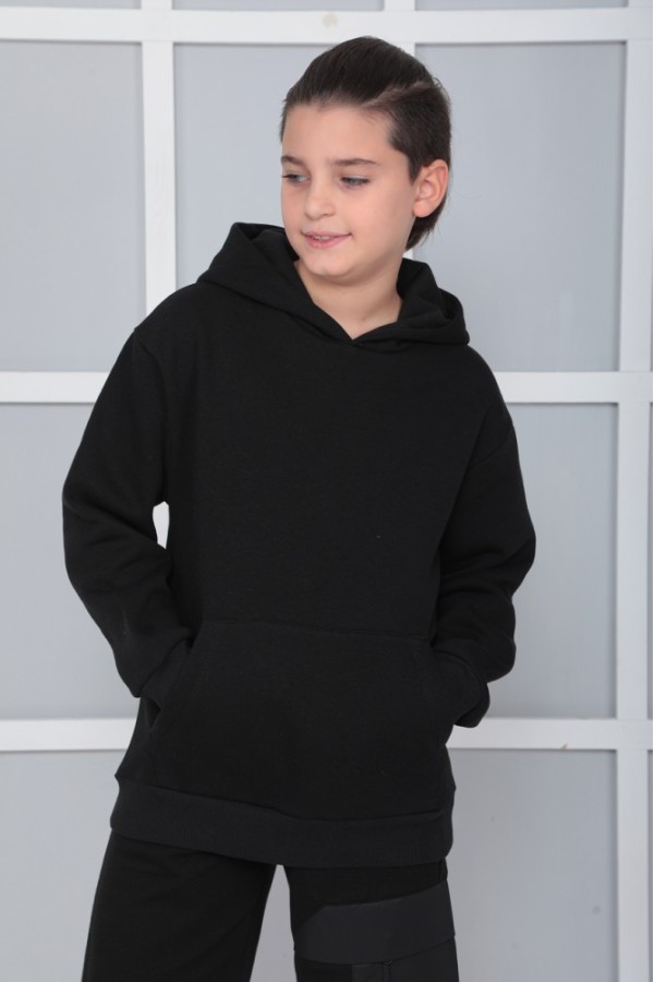 Giyimod Erkek Çocuk Siyah Kapüşonlu 3 iplik Şardonlu Polarlı Rahat Kesim Sweatshirt S402SYH