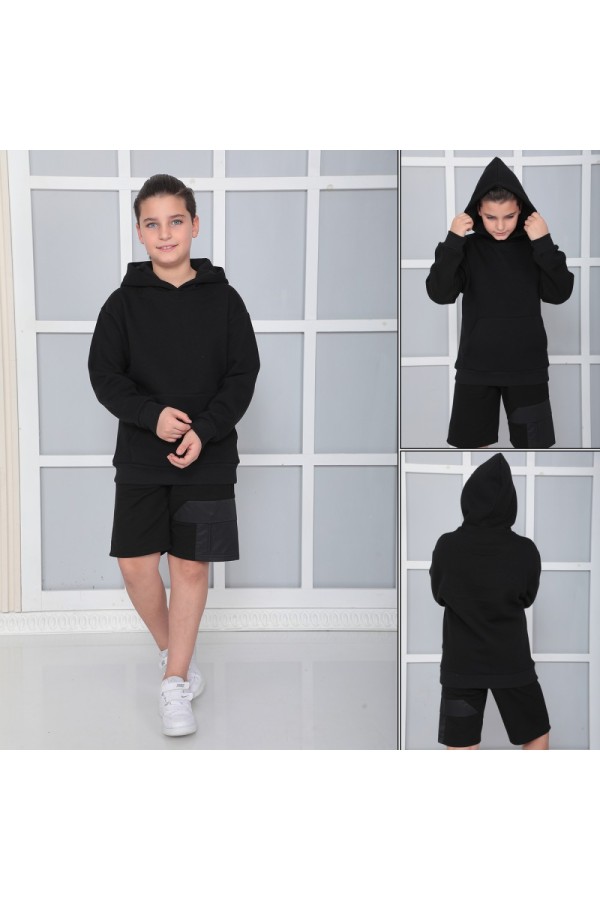 Giyimod Erkek Çocuk Siyah Kapüşonlu 3 iplik Şardonlu Polarlı Rahat Kesim Sweatshirt S402SYH