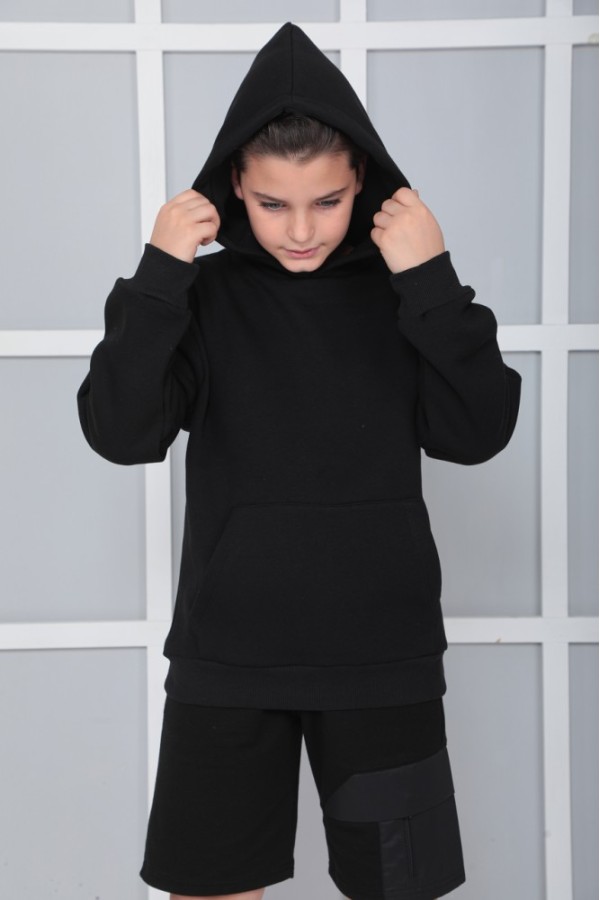 Giyimod Erkek Çocuk Siyah Kapüşonlu 3 iplik Şardonlu Polarlı Rahat Kesim Sweatshirt S402SYH