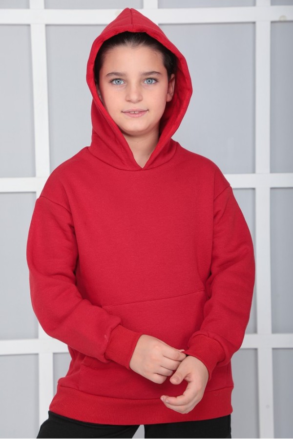Giyimod Erkek Çocuk Kırmızı Kapüşonlu 3 iplik Şardonlu Polarlı Rahat Kesim Sweatshirt S402KRM