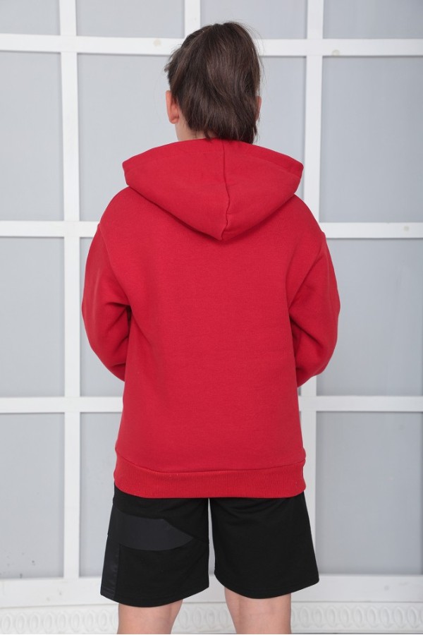 Giyimod Erkek Çocuk Kırmızı Kapüşonlu 3 iplik Şardonlu Polarlı Rahat Kesim Sweatshirt S402KRM