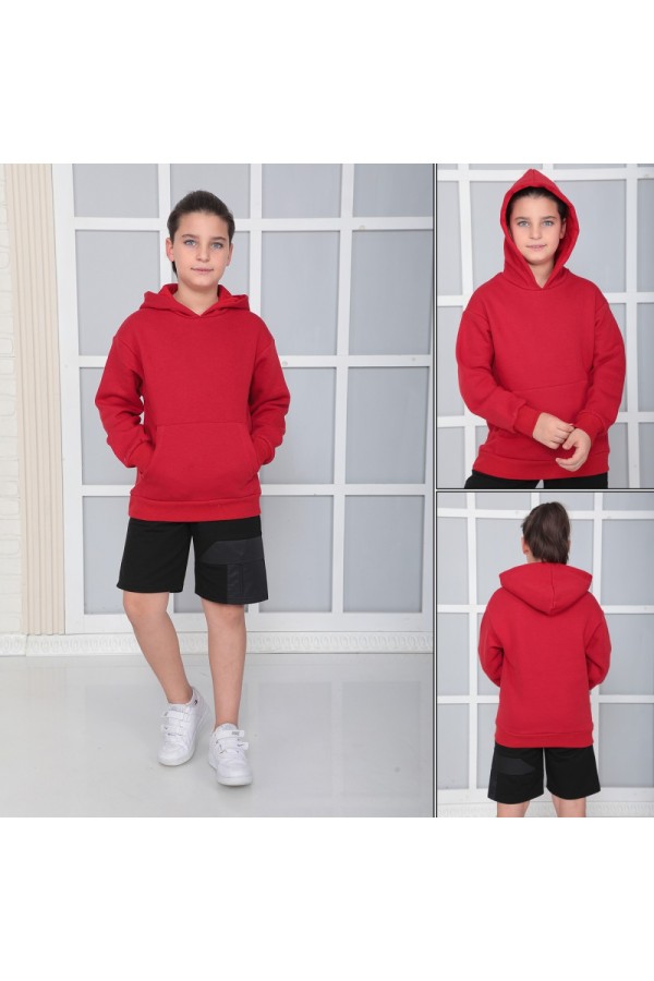 Giyimod Erkek Çocuk Kırmızı Kapüşonlu 3 iplik Şardonlu Polarlı Rahat Kesim Sweatshirt S402KRM