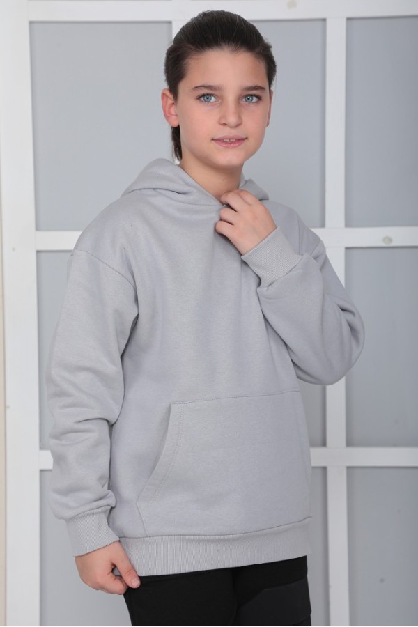 Giyimod Erkek Çocuk Gri Kapüşonlu 3 iplik Şardonlu Polarlı Rahat Kesim Sweatshirt S402GRİ