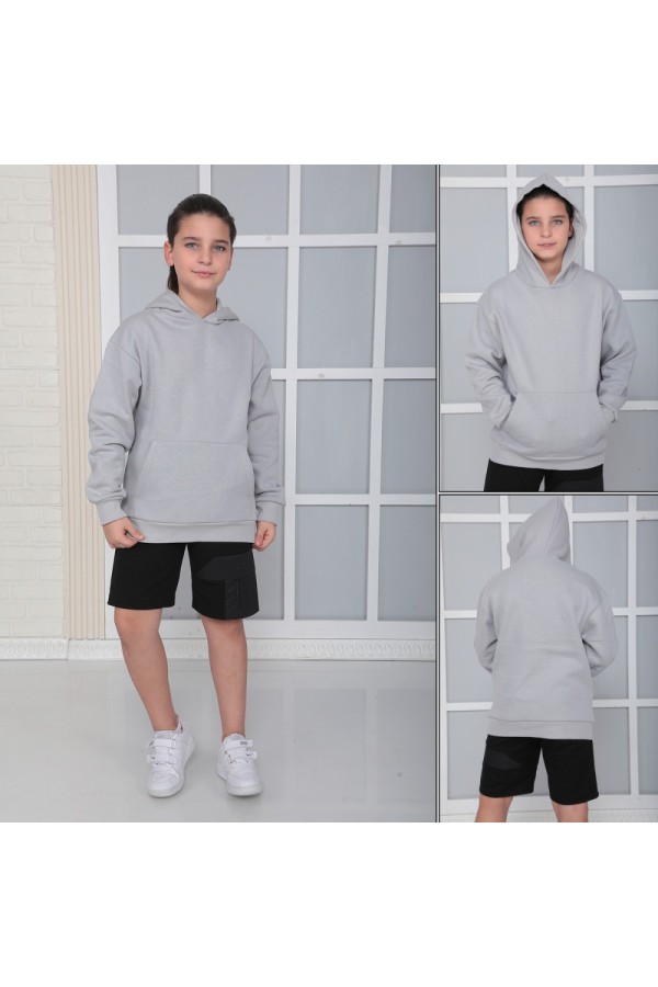 Giyimod Erkek Çocuk Gri Kapüşonlu 3 iplik Şardonlu Polarlı Rahat Kesim Sweatshirt S402GRİ