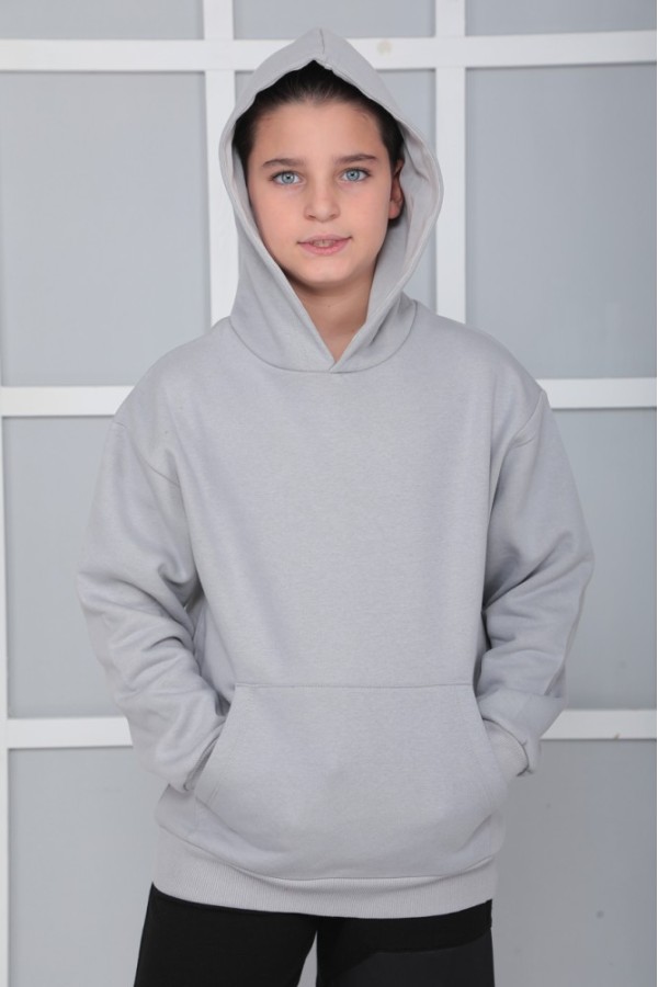 Giyimod Erkek Çocuk Gri Kapüşonlu 3 iplik Şardonlu Polarlı Rahat Kesim Sweatshirt S402GRİ