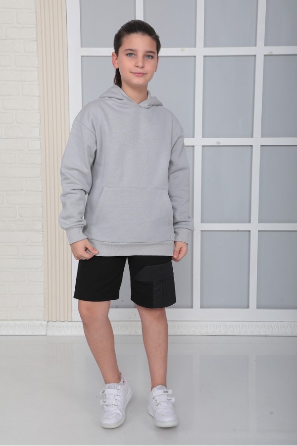 Giyimod Erkek Çocuk Gri Kapüşonlu 3 iplik Şardonlu Polarlı Rahat Kesim Sweatshirt S402GRİ