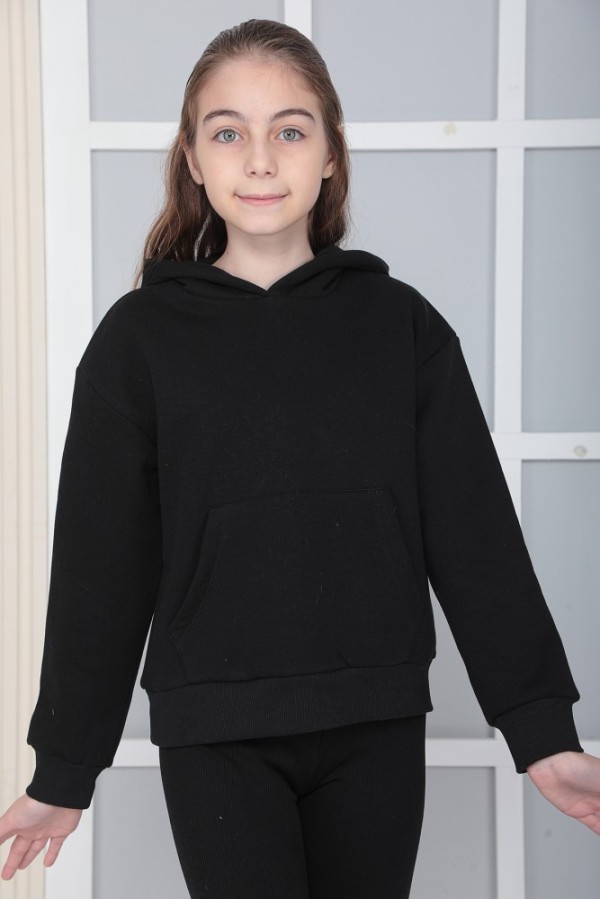 Giyimod Kız Çocuk Siyah Baskısız Kapüşonlu 3 iplik Şardonlu Polarlı Rahat Kesim Sweatshirt  S302SYH