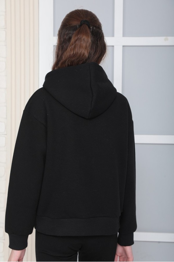 Giyimod Kız Çocuk Siyah Baskısız Kapüşonlu 3 iplik Şardonlu Polarlı Rahat Kesim Sweatshirt  S302SYH