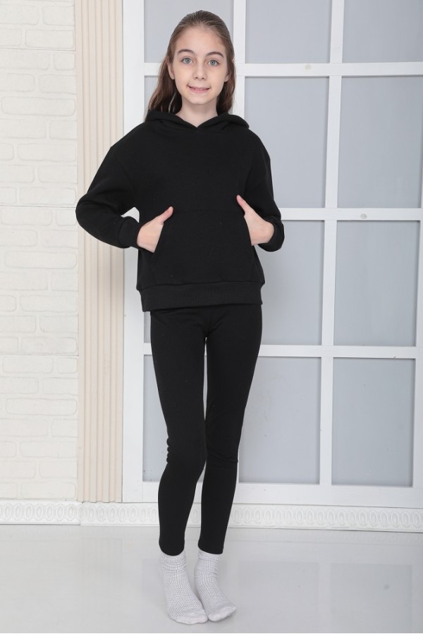 Giyimod Kız Çocuk Siyah Baskısız Kapüşonlu 3 iplik Şardonlu Polarlı Rahat Kesim Sweatshirt  S302SYH