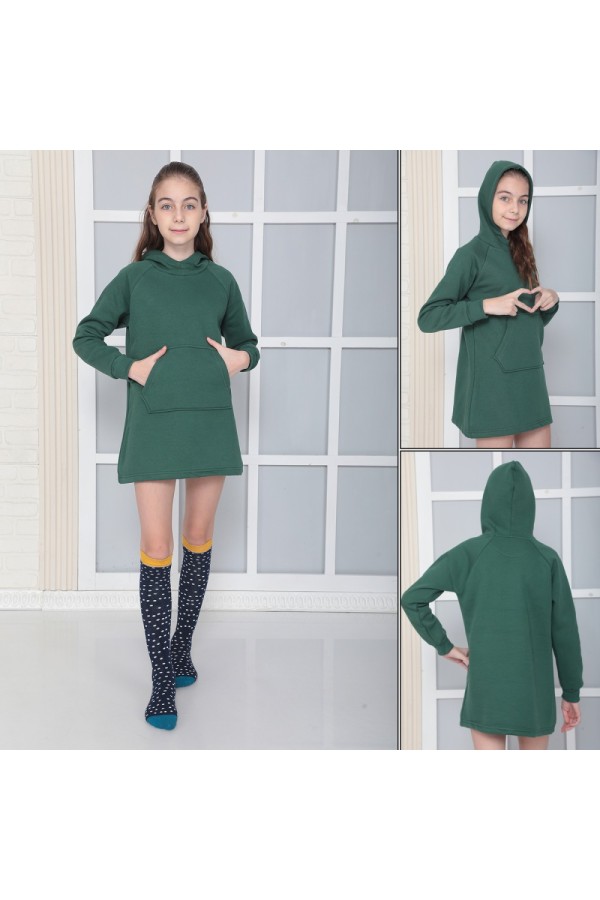 Giyimod KIZ ÇOCUK YEŞİL Kapüşonlu 3 iplik Şardonlu Polarlı Reglan Kol Elbise S-303YEŞİL