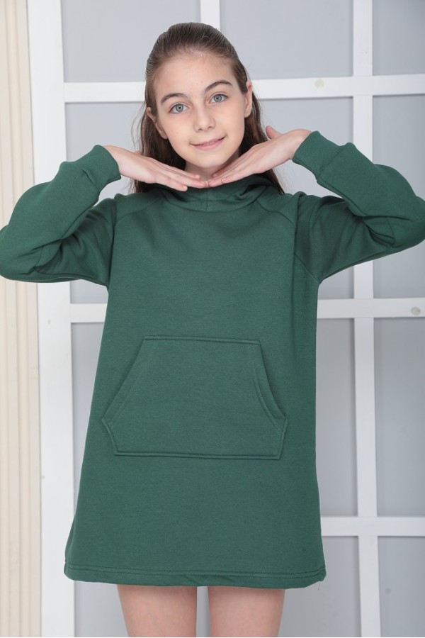 Giyimod KIZ ÇOCUK YEŞİL Kapüşonlu 3 iplik Şardonlu Polarlı Reglan Kol Elbise S-303YEŞİL