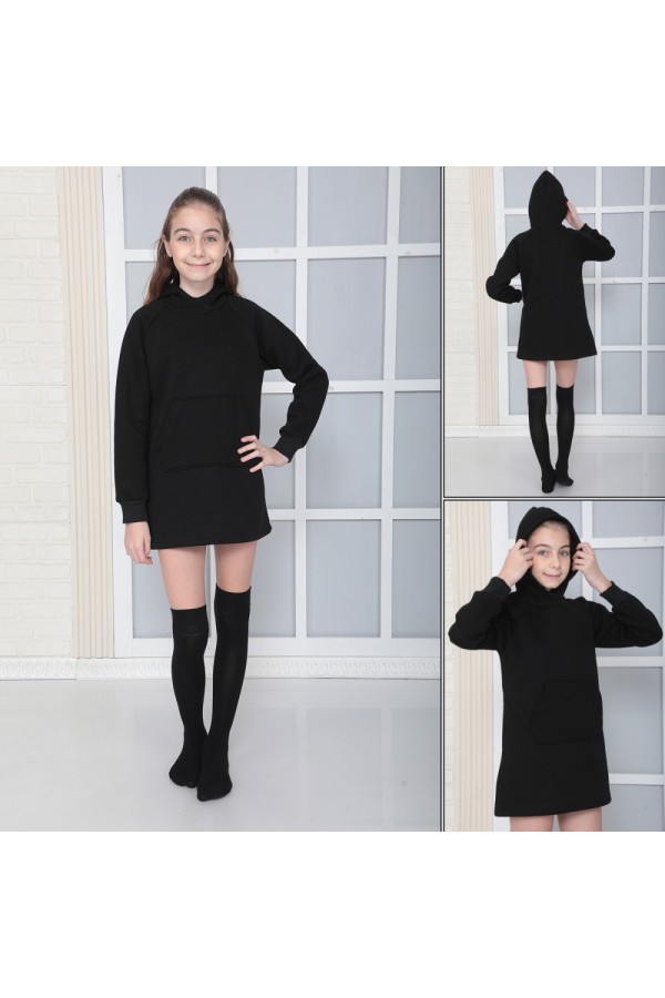Giyimod KIZ ÇOCUK SİYAH Kapüşonlu 3 iplik Şardonlu Polarlı Reglan Kol Elbise S-303SİYAH