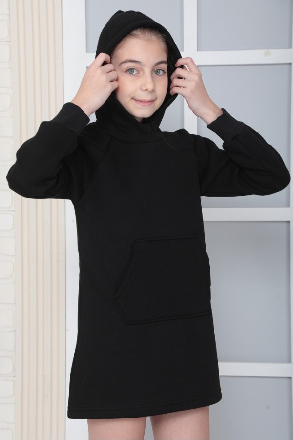 Giyimod KIZ ÇOCUK SİYAH Kapüşonlu 3 iplik Şardonlu Polarlı Reglan Kol Elbise S-303SİYAH