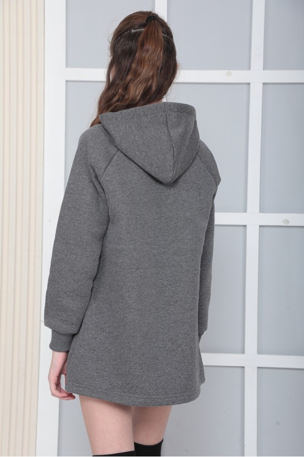 Giyimod KIZ ÇOCUK ANTRASİT Kapüşonlu 3 iplik Şardonlu Polarlı Reglan Kol Elbise S-303ANTRA
