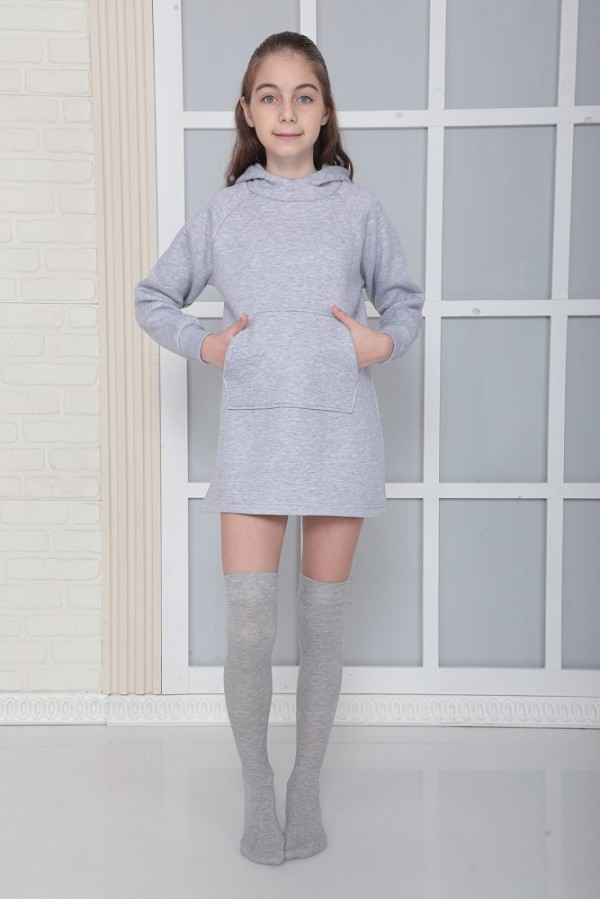 Giyimod KIZ ÇOCUK GRİ Kapüşonlu 3 iplik Şardonlu Polarlı Reglan Kol Elbise S-303GRİ