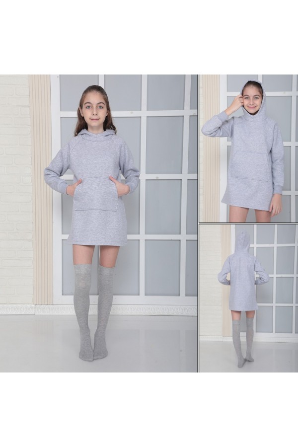 Giyimod KIZ ÇOCUK GRİ Kapüşonlu 3 iplik Şardonlu Polarlı Reglan Kol Elbise S-303GRİ
