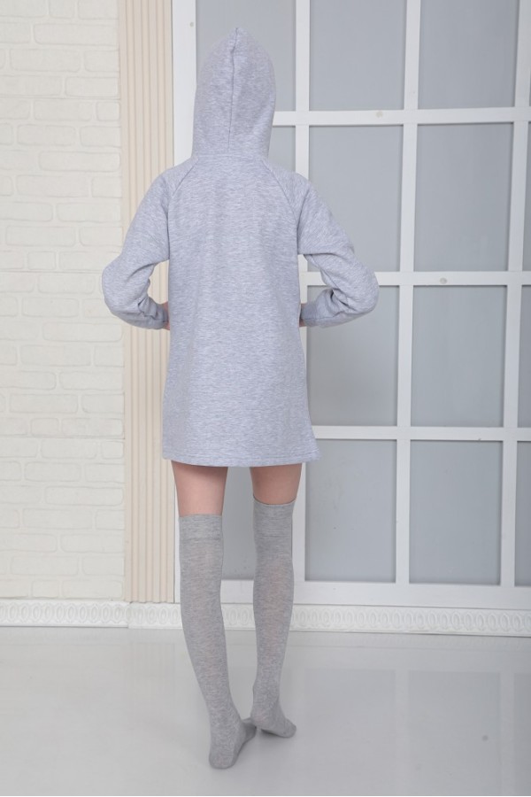 Giyimod KIZ ÇOCUK GRİ Kapüşonlu 3 iplik Şardonlu Polarlı Reglan Kol Elbise S-303GRİ
