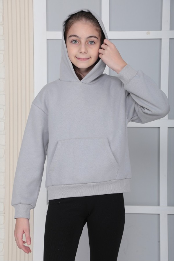 Giyimod Kız Çocuk Gri Kapüşonlu 3 iplik Şardonlu Polarlı Rahat Kesim Sweatshirt S302GRİ