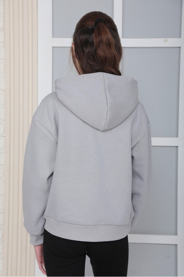 Giyimod Kız Çocuk Gri Kapüşonlu 3 iplik Şardonlu Polarlı Rahat Kesim Sweatshirt S302GRİ