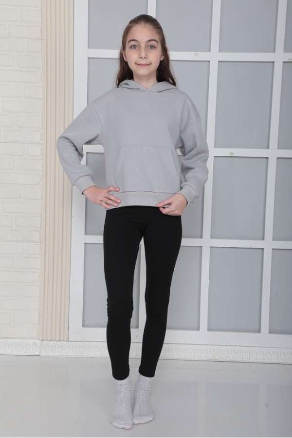 Giyimod Kız Çocuk Gri Kapüşonlu 3 iplik Şardonlu Polarlı Rahat Kesim Sweatshirt S302GRİ