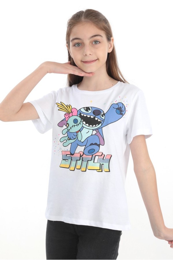Giyimod ORİJİNAL DISNEY STITCH %100 PAMUK KIZ ÇOCUK KISA KOL TİŞÖRT BEYAZ 55130