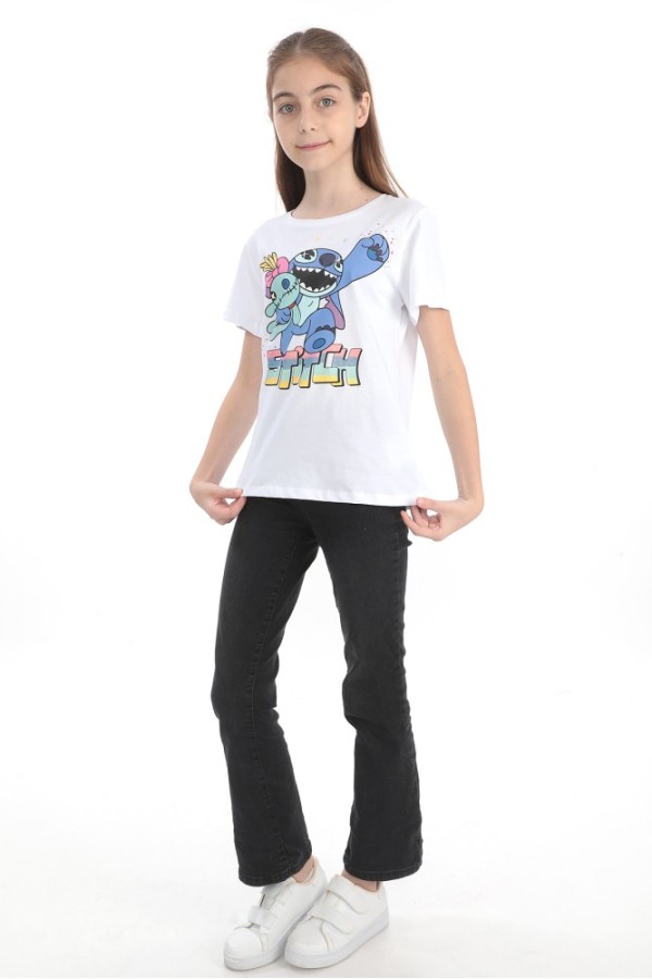 Giyimod ORİJİNAL DISNEY STITCH %100 PAMUK KIZ ÇOCUK KISA KOL TİŞÖRT BEYAZ 55130