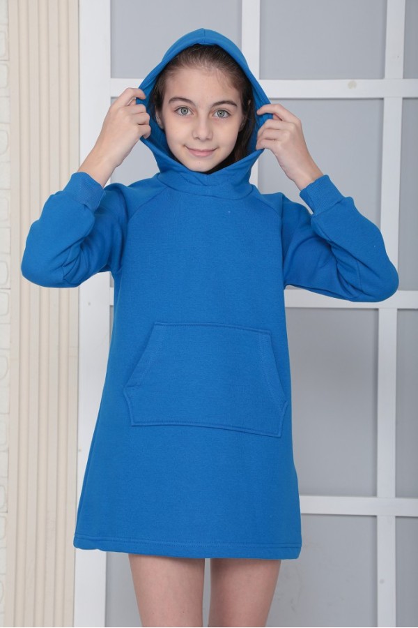 Giyimod KIZ ÇOCUK SAX Kapüşonlu 3 iplik Şardonlu Polarlı Reglan Kol Elbise S-303SAX