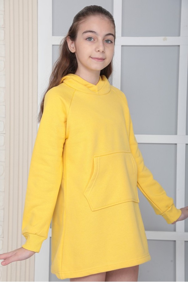 Giyimod KIZ ÇOCUK SARI Kapüşonlu 3 iplik Şardonlu Polarlı Reglan Kol Elbise S-303SARI