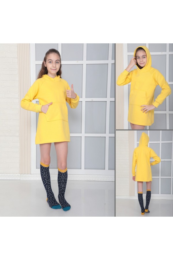 Giyimod KIZ ÇOCUK SARI Kapüşonlu 3 iplik Şardonlu Polarlı Reglan Kol Elbise S-303SARI