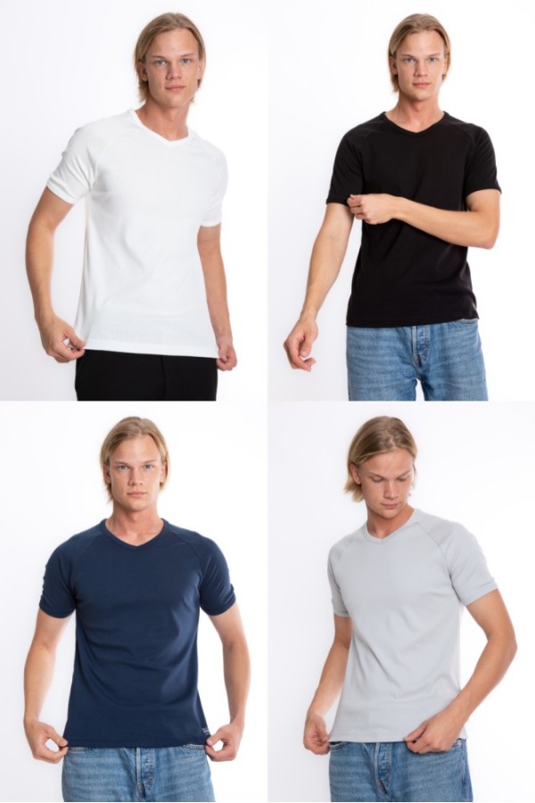 Giyimod ERKEK SLIM FIT V YAKA BASIC RİBANA TİŞÖRT 1.KALİTE KUMAŞ BEYAZ-SİYAH-GRİ-LACİVERT 4'LÜ SET S202MIX