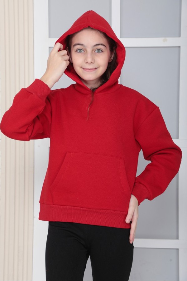 Giyimod Kız Çocuk Kırmızı Kapüşonlu 3 iplik Şardonlu Polarlı Rahat Kesim Sweatshirt S302KIRM