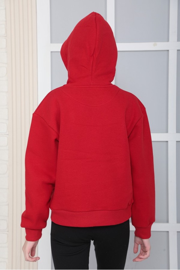 Giyimod Kız Çocuk Kırmızı Kapüşonlu 3 iplik Şardonlu Polarlı Rahat Kesim Sweatshirt S302KIRM